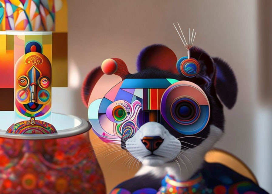 Whimsical multicolored cat in surreal digital art