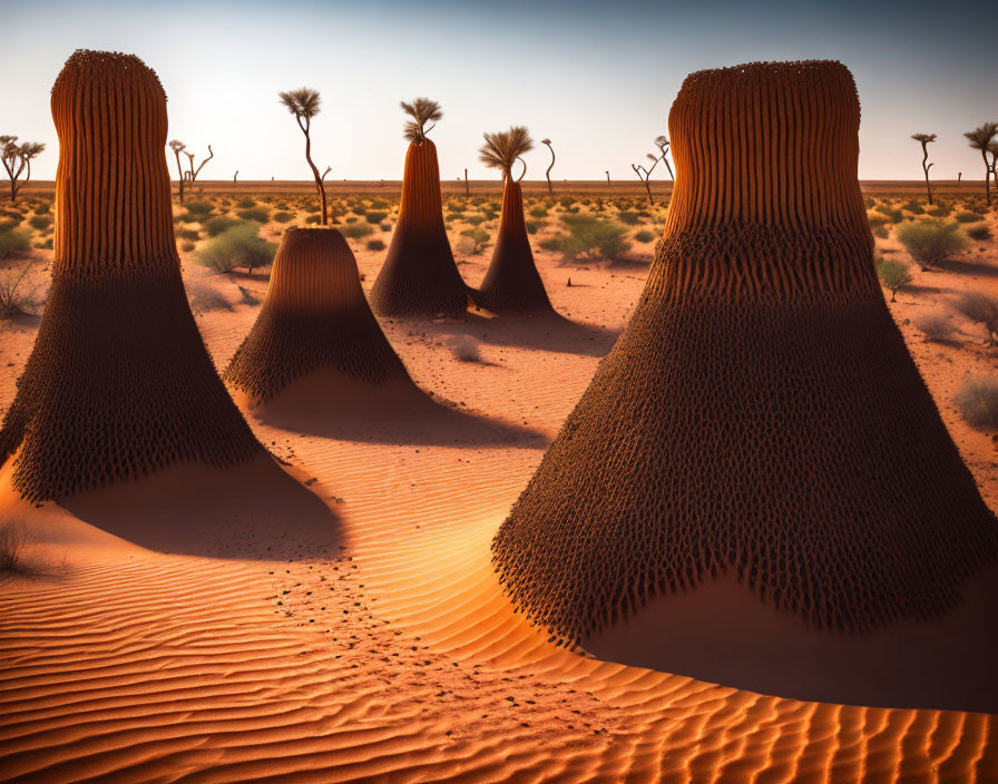 Surreal desert landscape with cone-shaped structures and honeycomb patterns