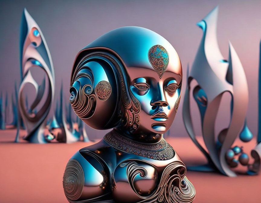 Abstract surreal artwork: futuristic humanoid bust with intricate designs on petal-like backdrop