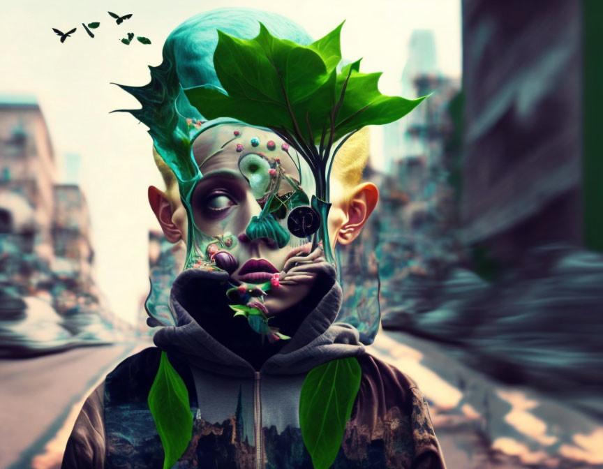 Colorful surreal portrait with plant elements and birds in urban setting