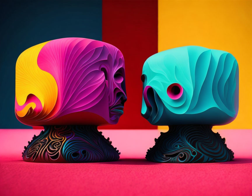 Colorful Stylized Head Sculptures on Vibrant Background