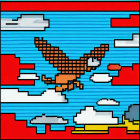 Checkered eagle in flight over red and blue background with surreal elements