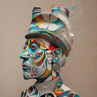 Futuristic portrait of person in metallic combat armor helmet