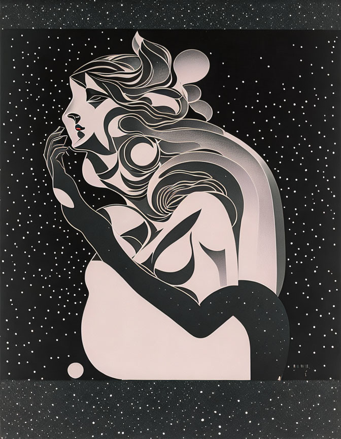 Stylized Art Deco nude female figure with geometric patterns on starry background