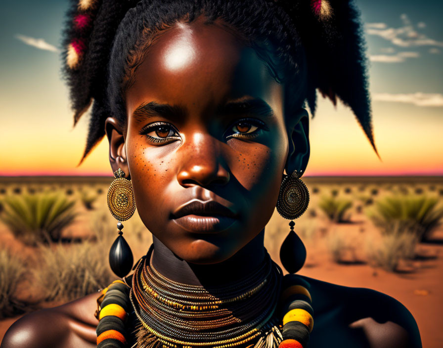 Portrait of young girl with large hoop earrings and facial markings in desert backdrop