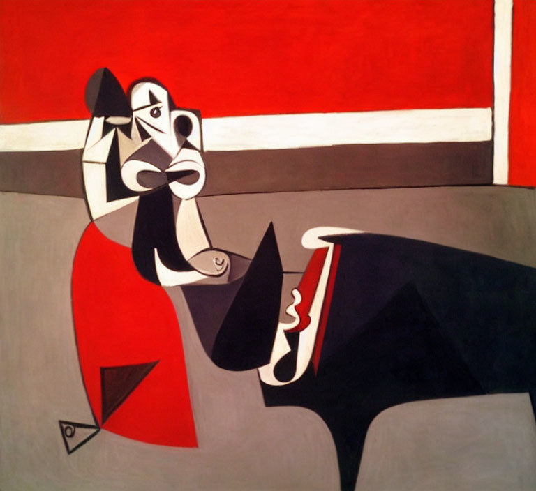 Monochromatic abstract painting of a stylized figure on red background