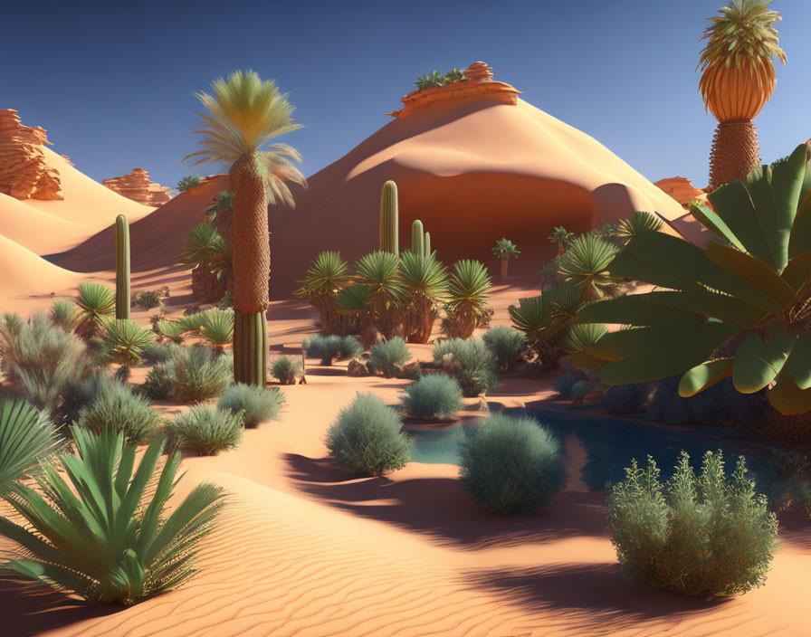 Tranquil desert oasis with greenery, palm trees, ponds, and sand dunes