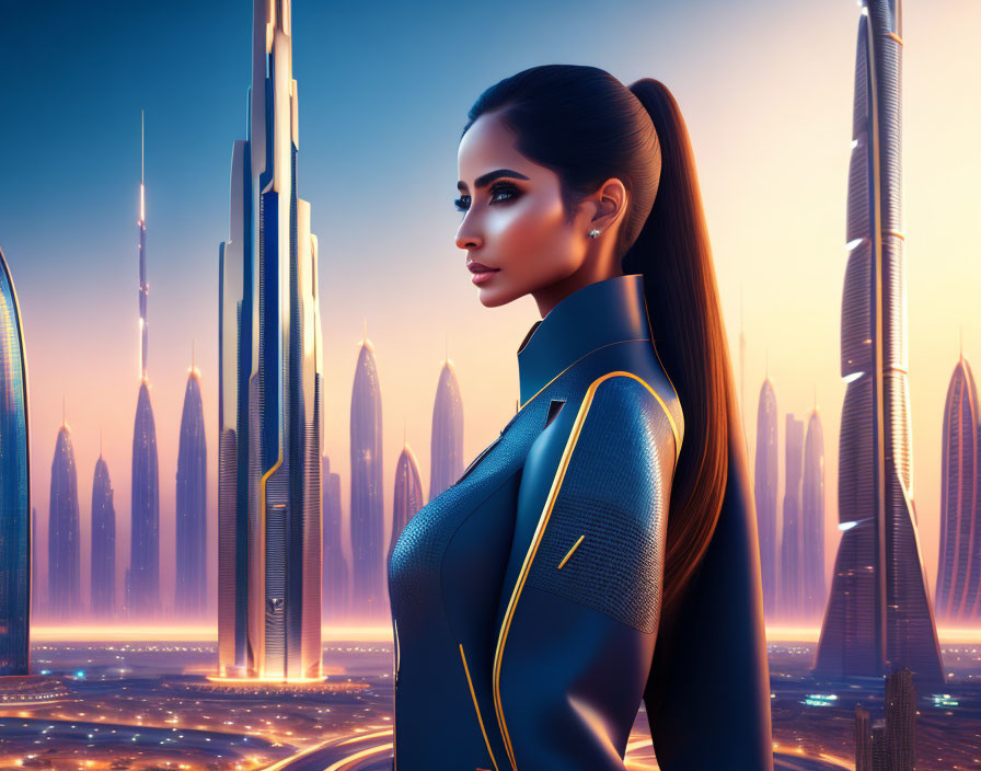 Futuristic woman in cityscape with skyscrapers at twilight