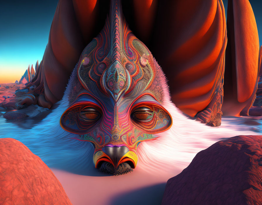 Colorful Mask-Like Structure in Surreal Red-Rock Landscape