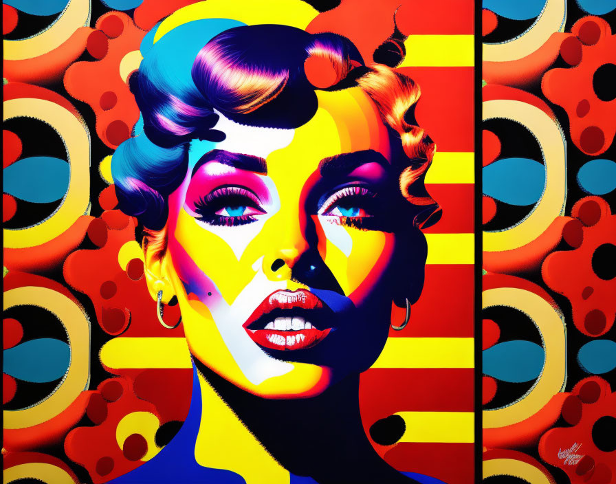 Vibrant pop art portrait of a woman with stylized hair and makeup