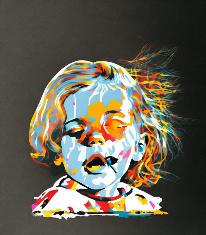 Colorful Pop Art Style Child Portrait with Paint Splatters on Dark Background