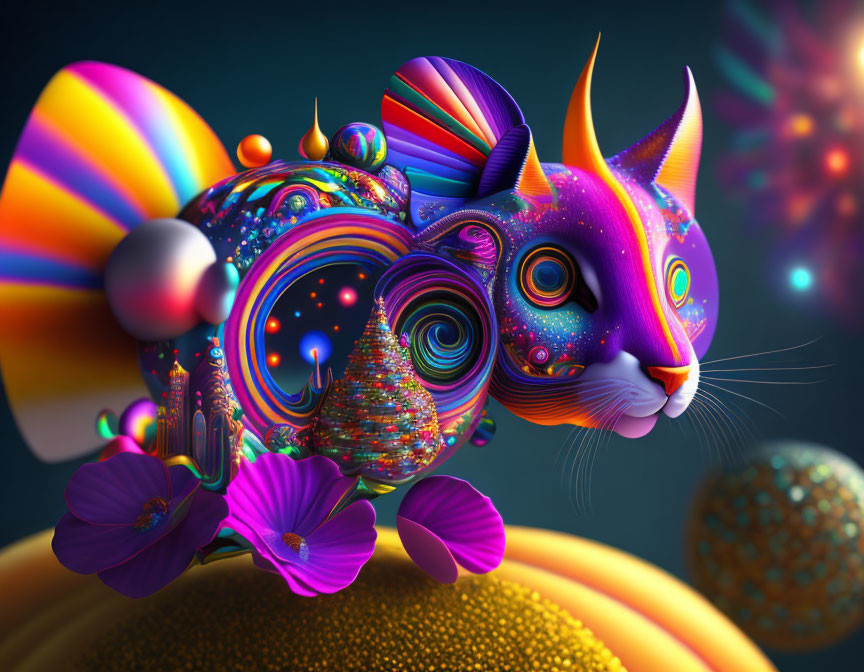 Colorful Psychedelic Cat Artwork with Flowers and Spheres on Dark Background