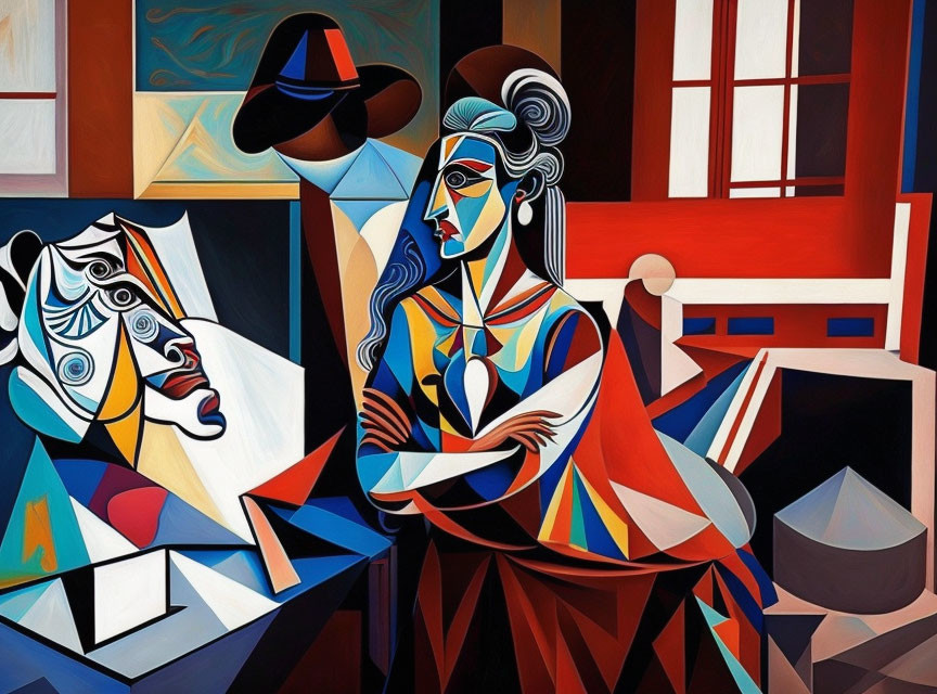 Colorful Abstract Cubist Painting of Woman by Window and Sculpture