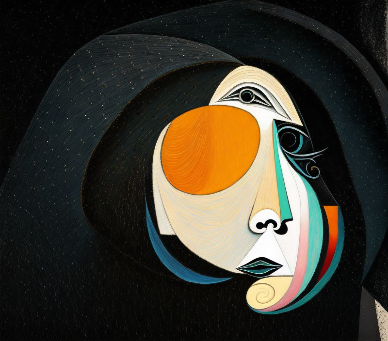 Geometric abstract portrait in black, orange, and white on starry backdrop