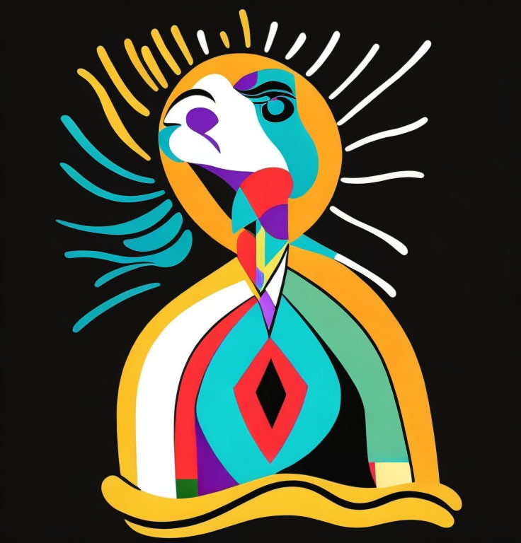 Colorful Abstract Artwork: Sun Deity Figure in Vibrant Shapes