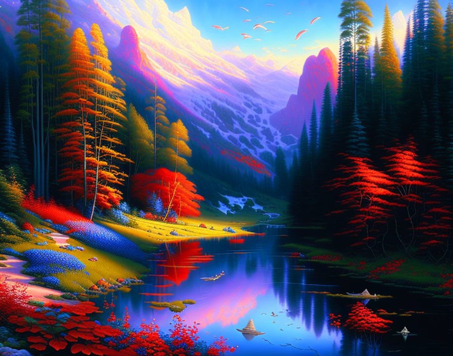 Serene river with autumn trees, mountains, and birds