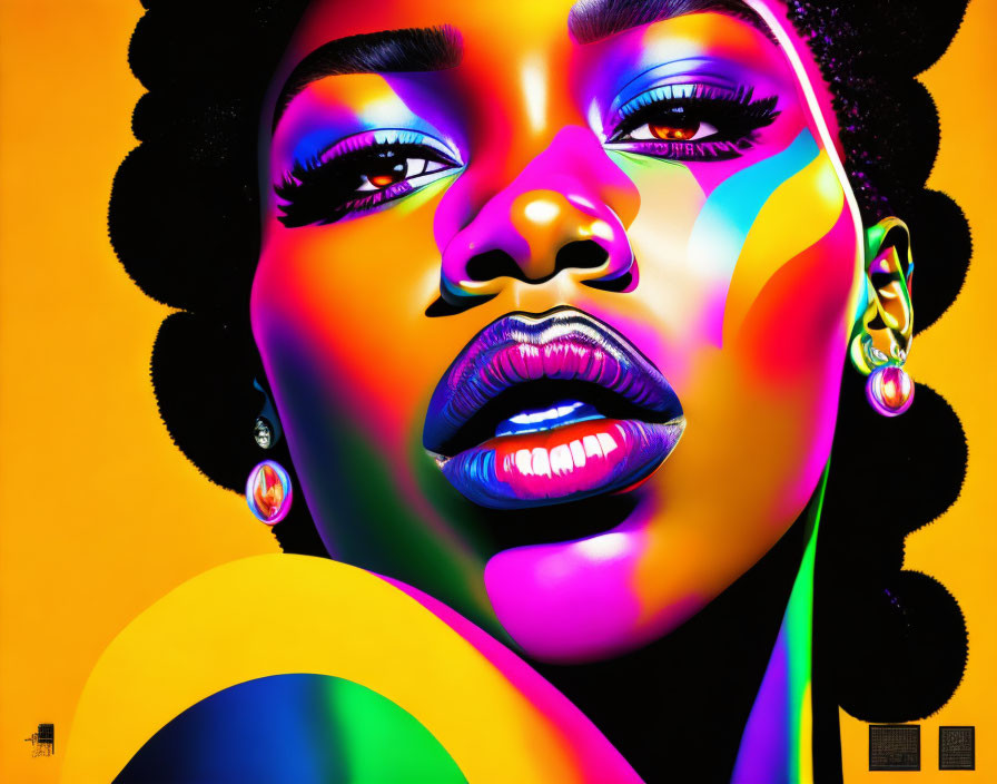 Colorful digital portrait of a woman with abstract shapes on bright yellow backdrop