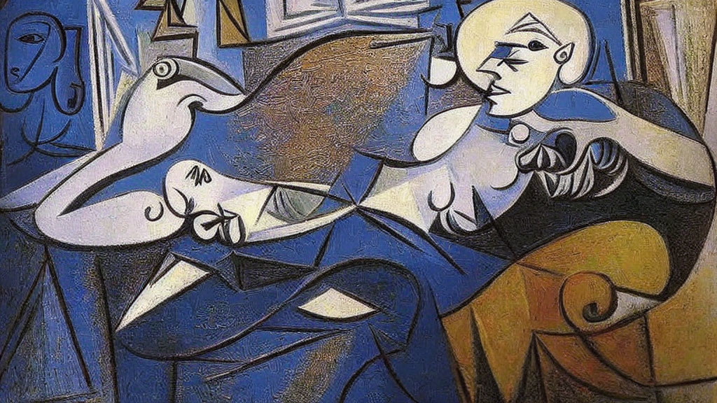 Cubist Painting of Woman and Bird in Blue and Tan Shades