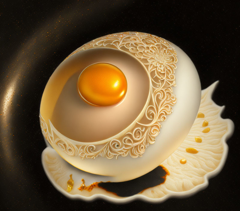 Ornate golden egg on leaf background with droplets