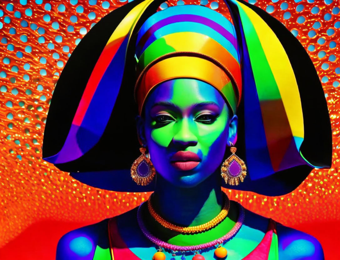 Colorful Woman in Vibrant Headgear on Psychedelic Background