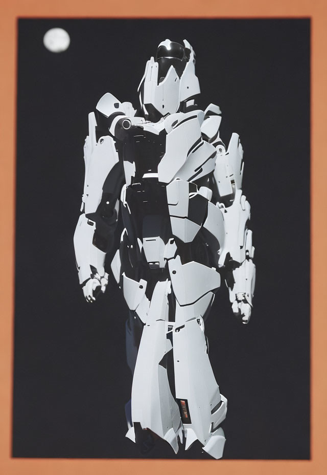 White futuristic robot with black joints on dark backdrop with moon.