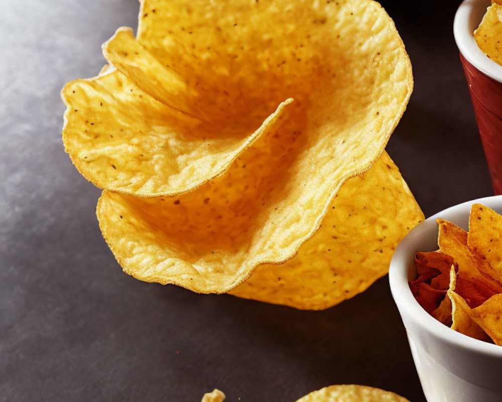 Crispy potato chips mid-air, white bowl, scattered crumbs, potatoes in background