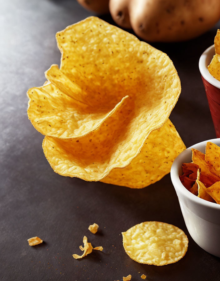 Crispy potato chips mid-air, white bowl, scattered crumbs, potatoes in background