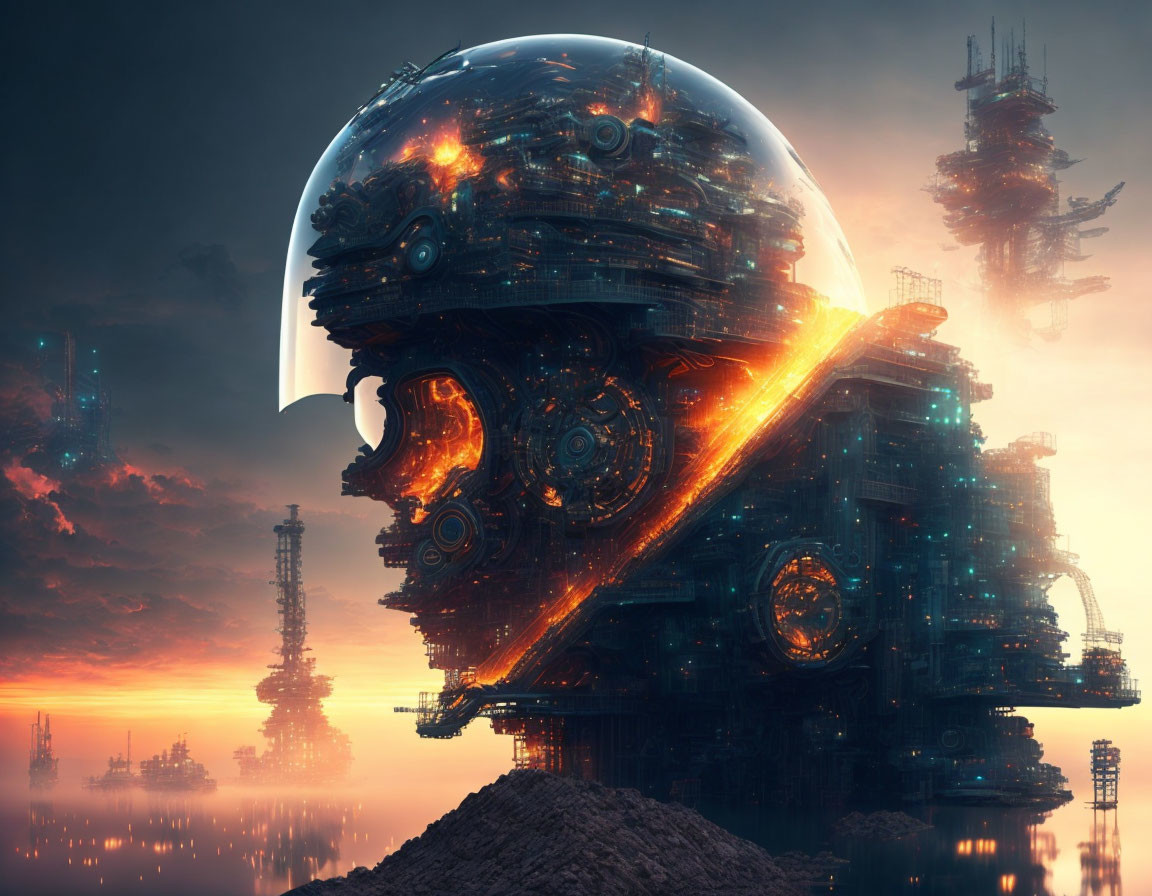 Futuristic cybernetic head with glowing orange elements in industrial backdrop