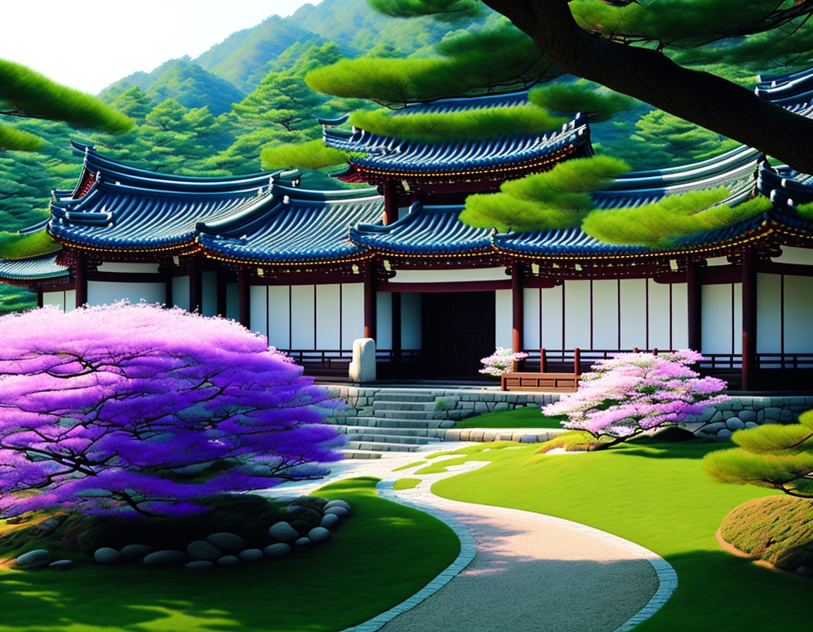 Korean-style Buildings with Tiled Roofs & Blossoming Gardens