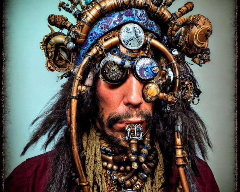 Steampunk-themed person with headdress, goggles, jewelry, and facial hair