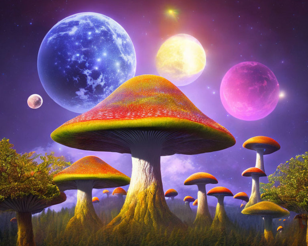 Fantasy landscape with oversized colorful mushrooms under a night sky