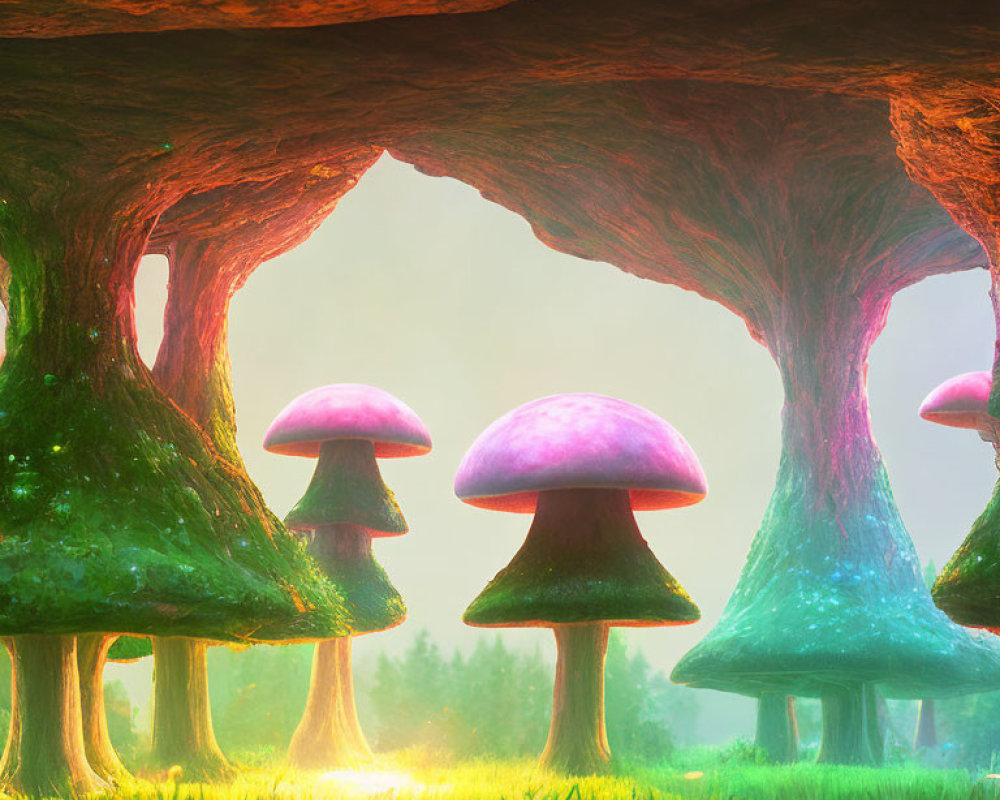 Enchanting forest glade with glowing mushrooms and sunlight filtering through