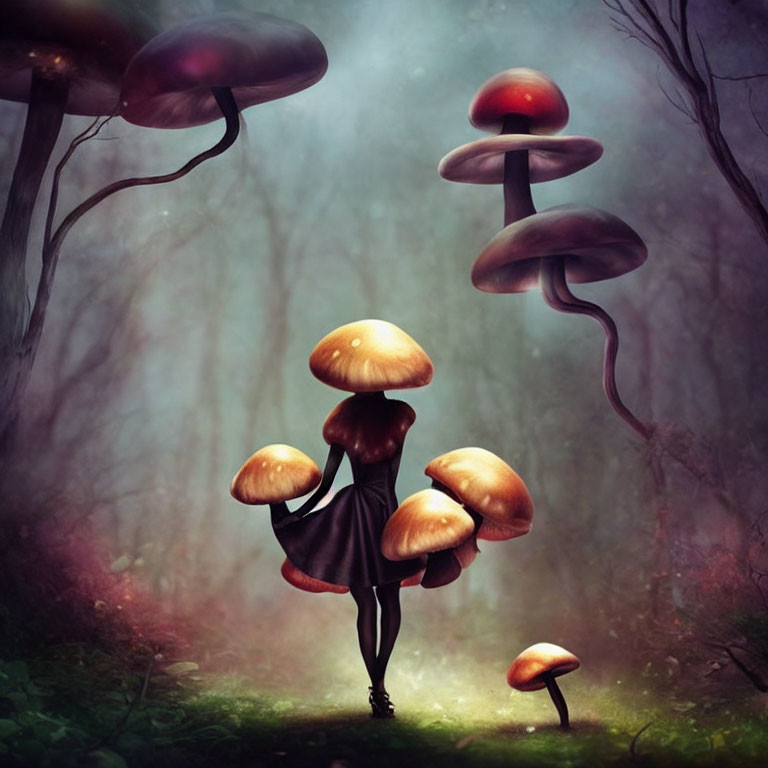 Person in dress with giant mushrooms in mystical forest landscape