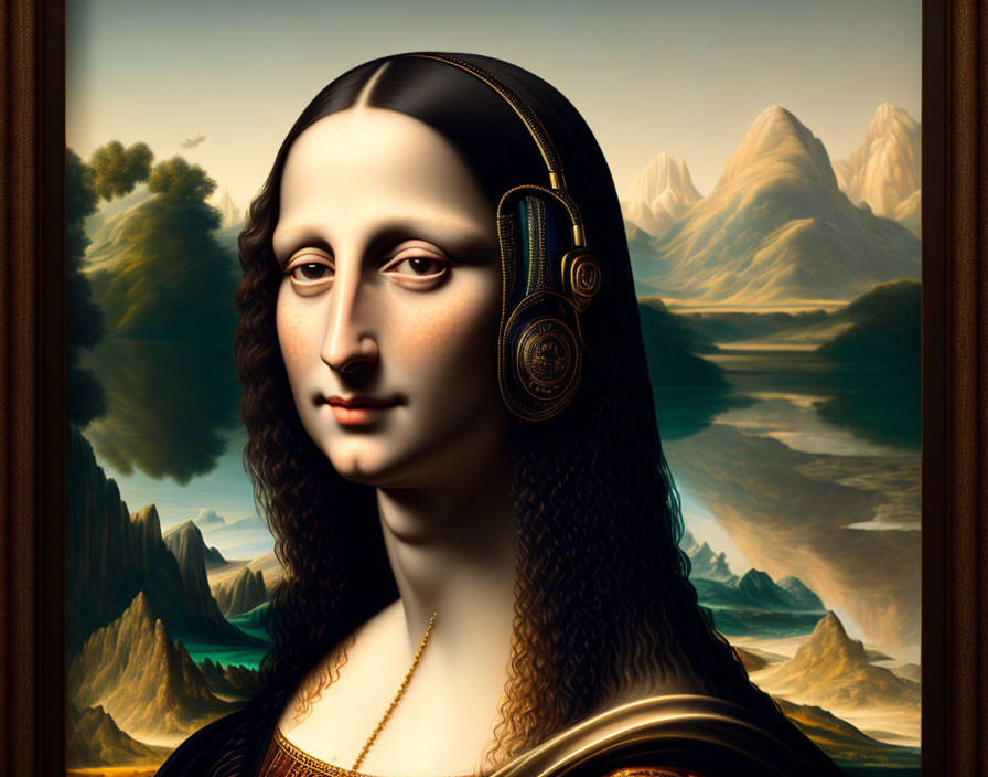 Digital Artwork: Mona Lisa with Modern Headphones in Surreal Landscape