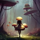 Person in dress with giant mushrooms in mystical forest landscape