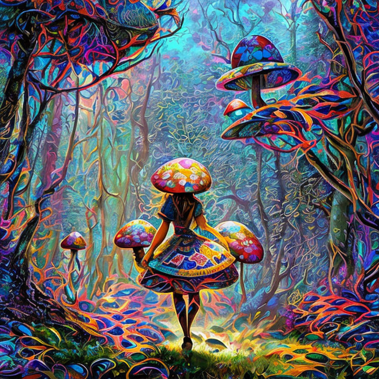 Colorful psychedelic forest with oversized mushrooms and person holding mushroom umbrella