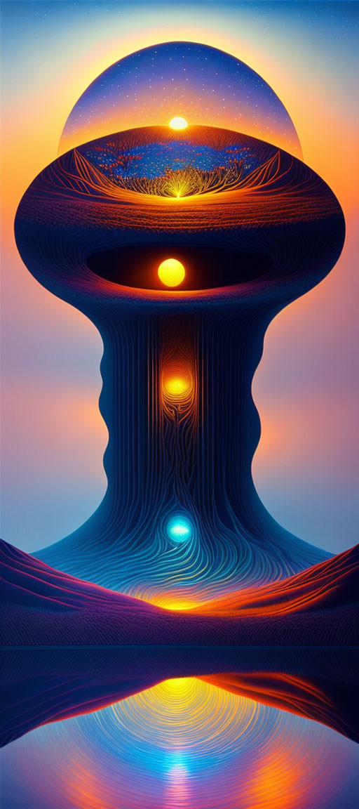 Vibrant blue and orange hourglass-like structure with celestial body in psychedelic artwork