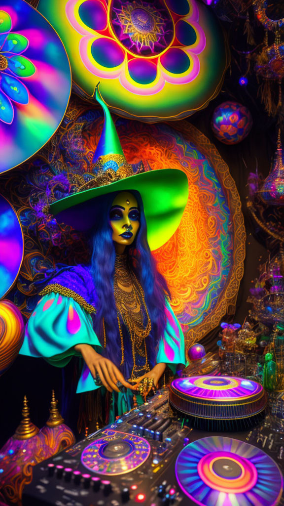 Person in Elaborate Witch Costume at DJ Booth with Psychedelic Decor