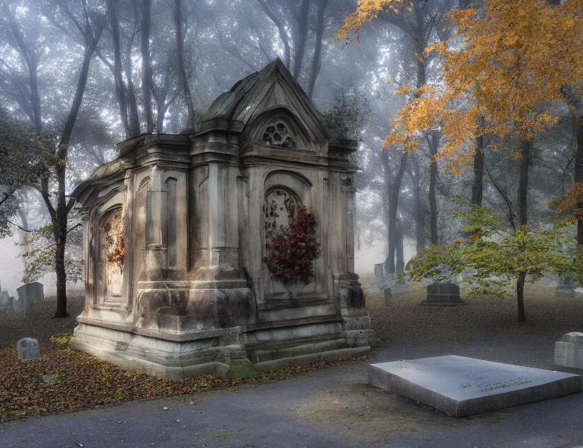 Ornate Mausoleum in Autumn Cemetery with Fog