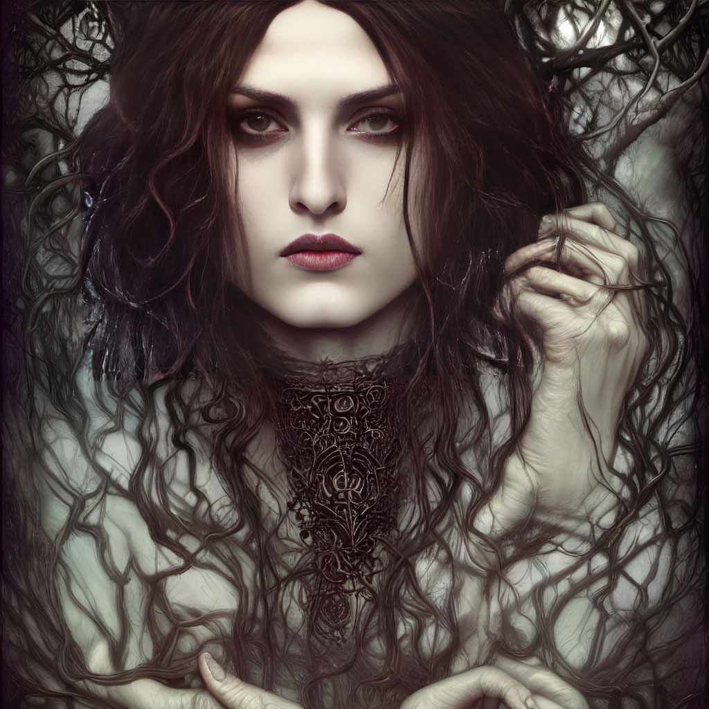 Digital artwork of a pale-skinned person with dark hair and red lips in mystical forest setting