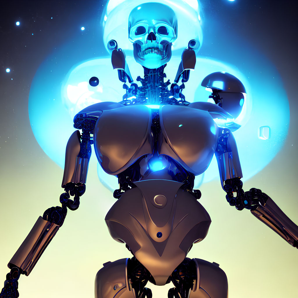 Futuristic robot with skeletal head and blue glowing elements on starry backdrop