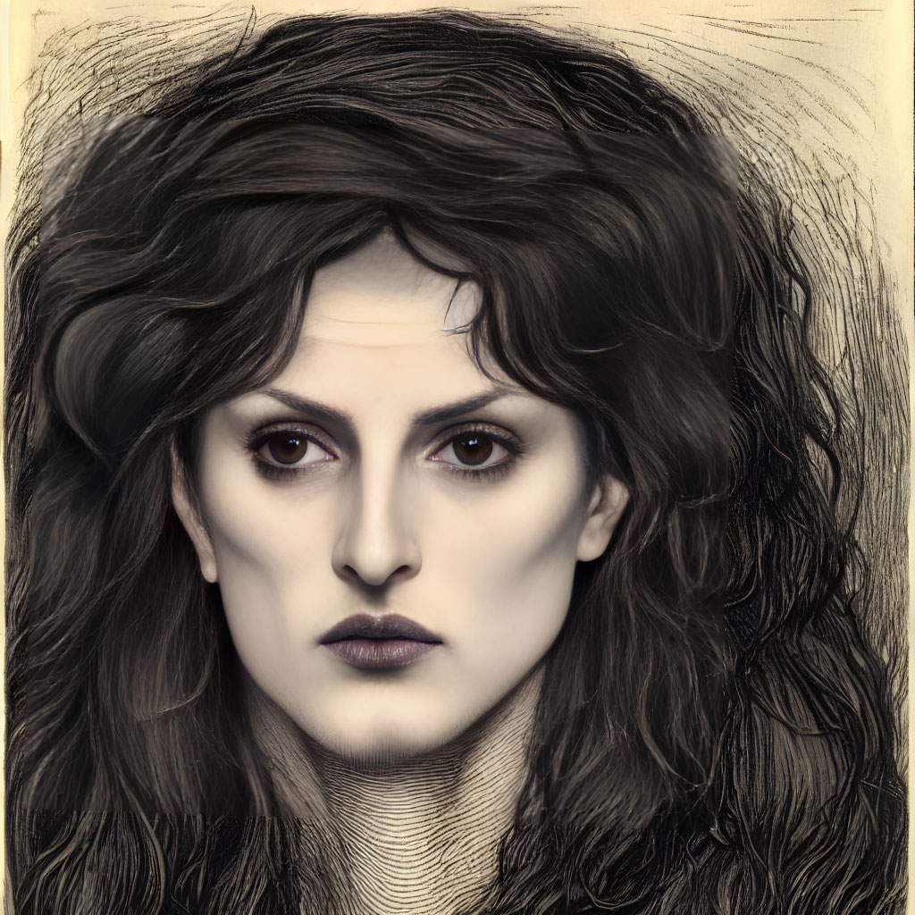 Detailed pencil sketch of woman with intense eyes and wavy hair.