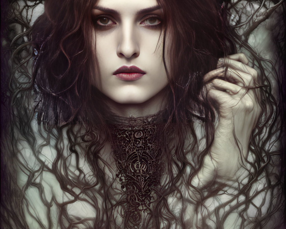 Digital artwork of a pale-skinned person with dark hair and red lips in mystical forest setting