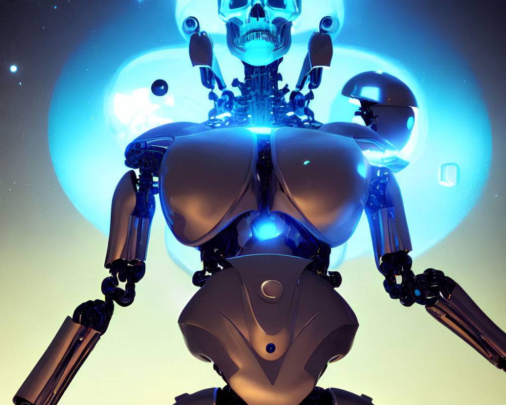 Futuristic robot with skeletal head and blue glowing elements on starry backdrop