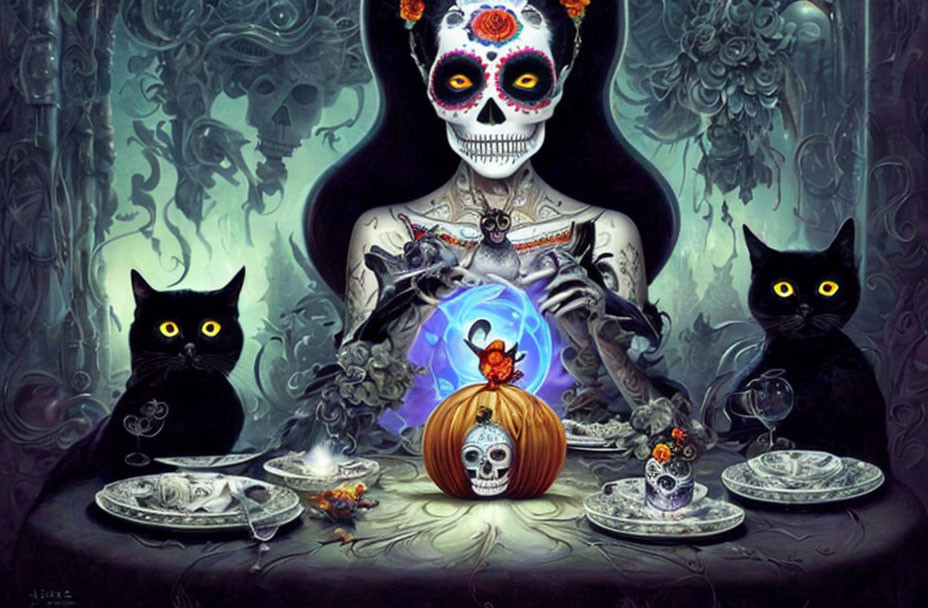 Skeleton with Day of the Dead makeup surrounded by black cats, crystal ball, and Halloween decorations.