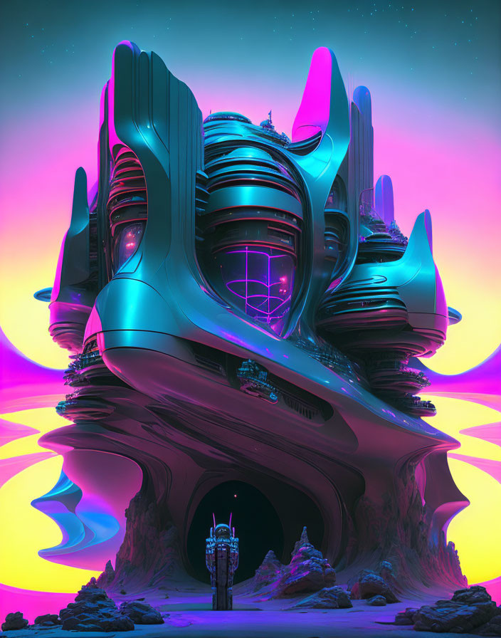 Futuristic organic curved building under purple-pink sky