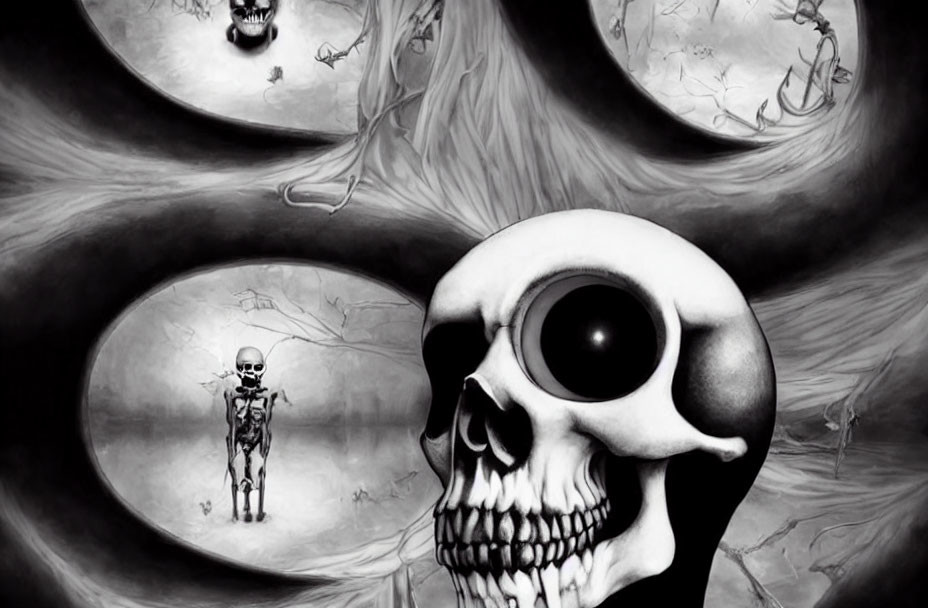 Surreal artwork featuring skull and skeletal figures in circular frames