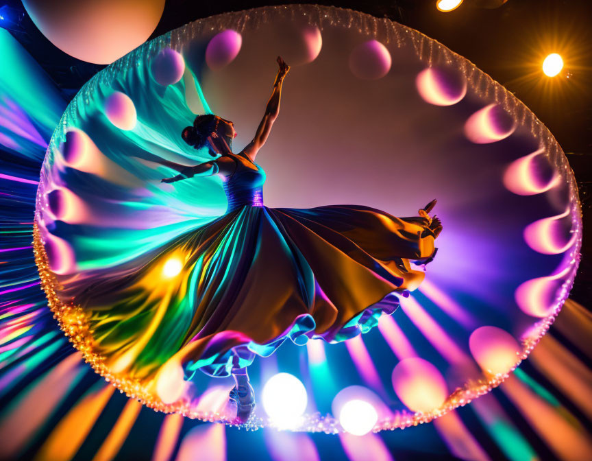 Colorful dress dancer twirls under vibrant stage lights