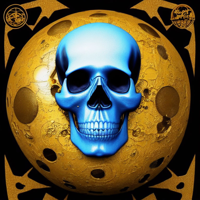 Colorful digital artwork: metallic blue skull on golden orb with patterns