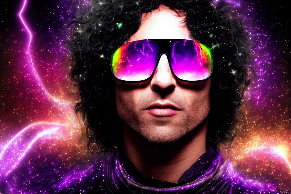 Curly-Haired Man in Reflective Sunglasses on Cosmic Galactic Background